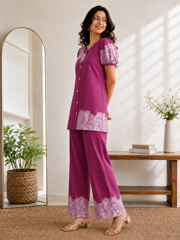 Women Purple Printed Cotton Puff Sleeve Co-Ord Set