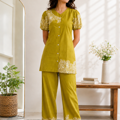 Women Mustard Printed Cotton Puff Sleeve Co-Ord Set