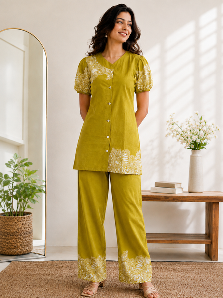 Women Mustard Printed Cotton Puff Sleeve Co-Ord Set