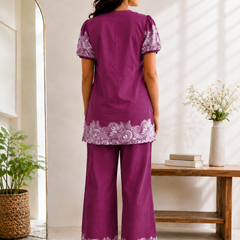 Women Purple Printed Cotton Puff Sleeve Co-Ord Set