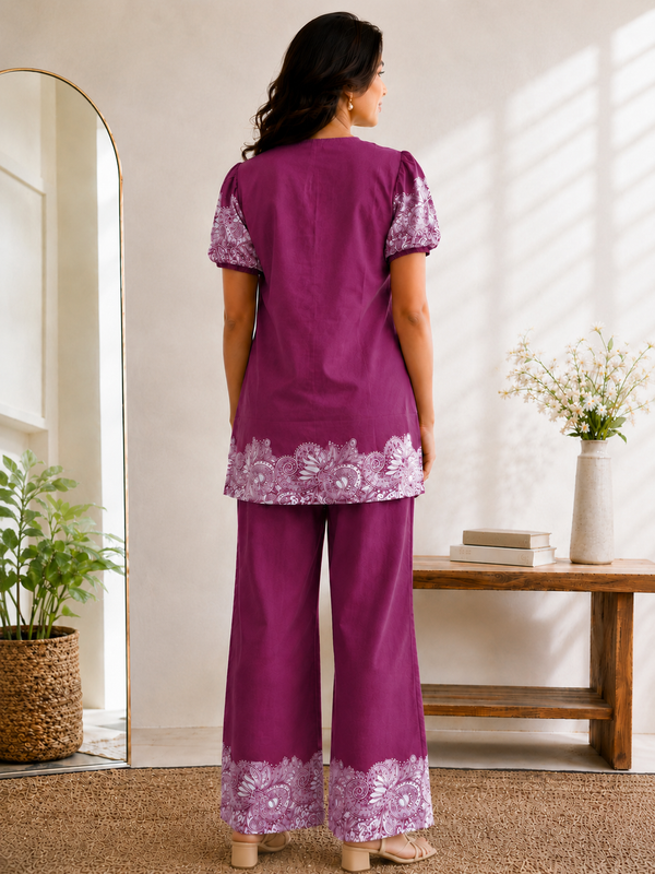 Women Purple Printed Cotton Puff Sleeve Co-Ord Set