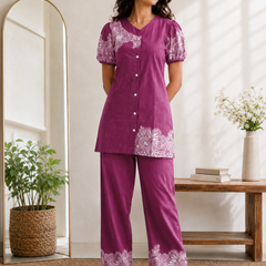 Women Purple Printed Cotton Puff Sleeve Co-Ord Set