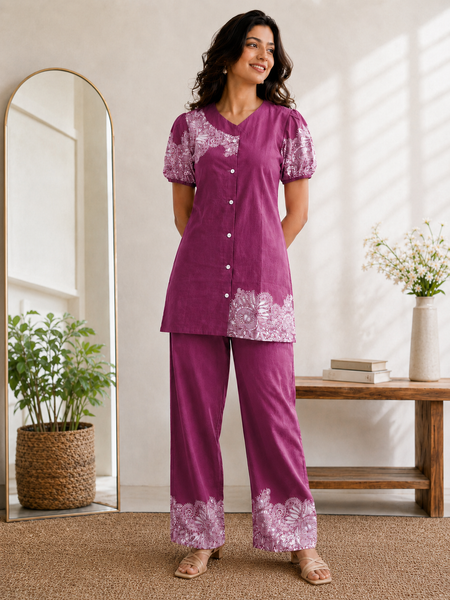 Women Purple Printed Cotton Puff Sleeve Co-Ord Set