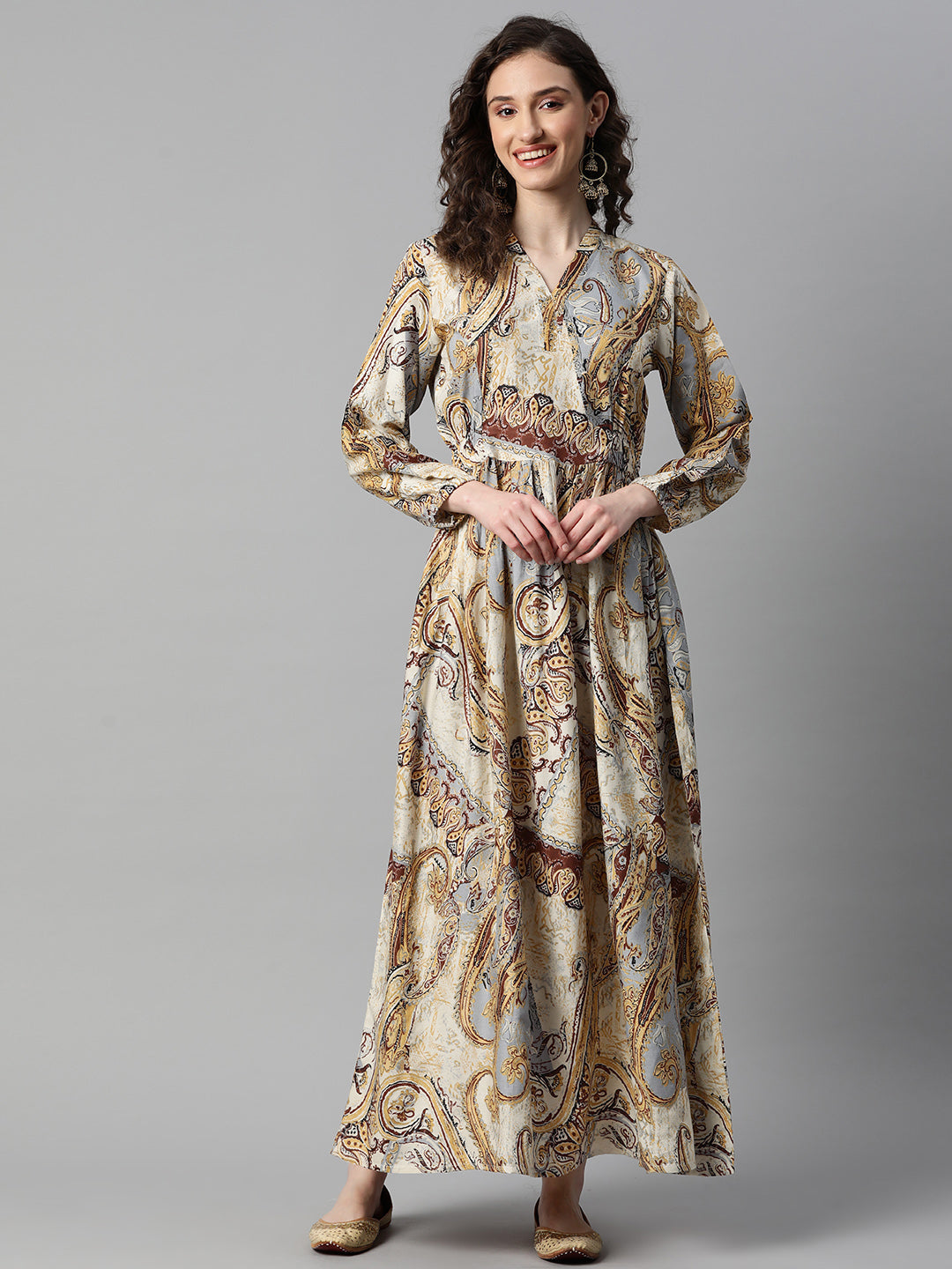 Indibelle Rayon Beige Paisley Print A-Line Dress