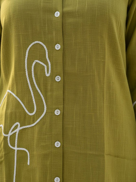 Indibelle Solid Green Cotton Slub Corded Embrodiary Co-ord Set