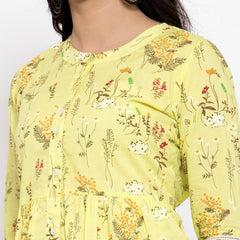 Indibelle cotton pink floral print front slit A-line kurta set