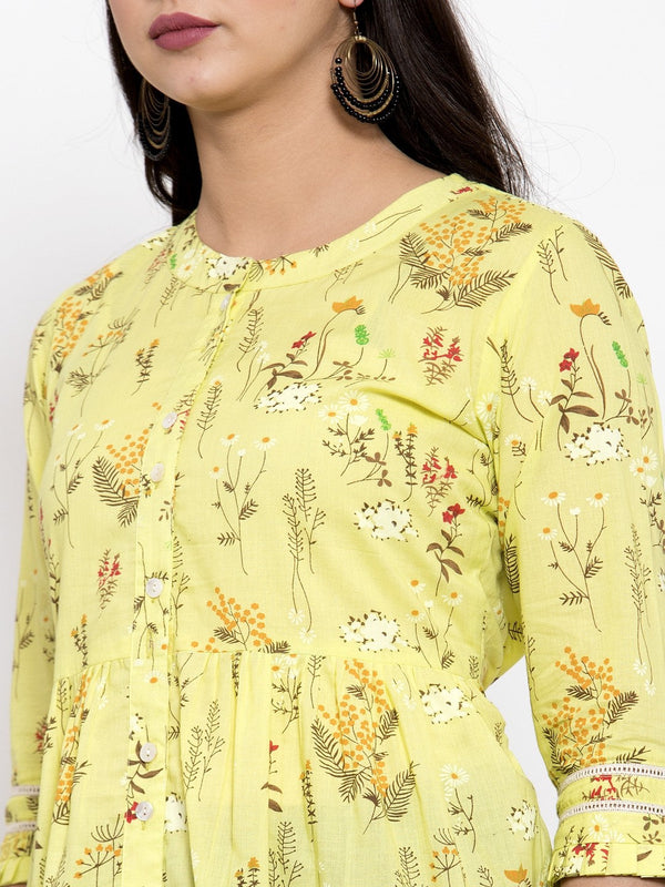 Indibelle cotton pink floral print front slit A-line kurta set