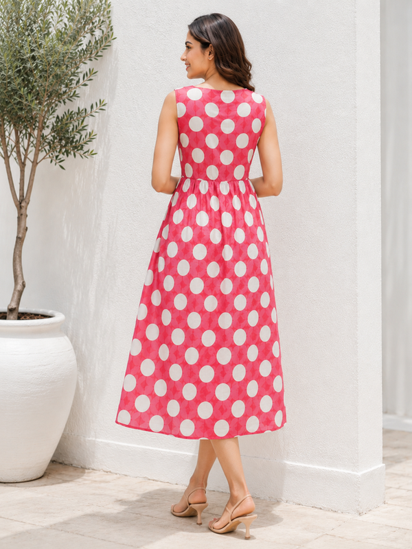 Indibelle Women's Polka Dot Printed Cotton Maxi Dress