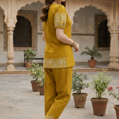 Women Mustard Printed Cotton Puff Sleeve Co-Ord Set