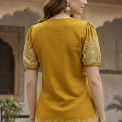 Women Mustard Printed Cotton Puff Sleeve Co-Ord Set
