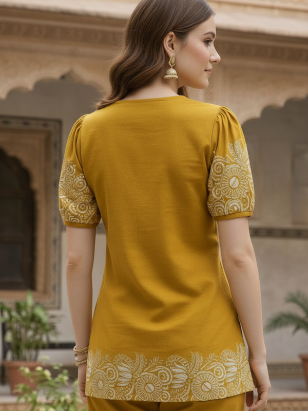 Women Mustard Printed Cotton Puff Sleeve Co-Ord Set