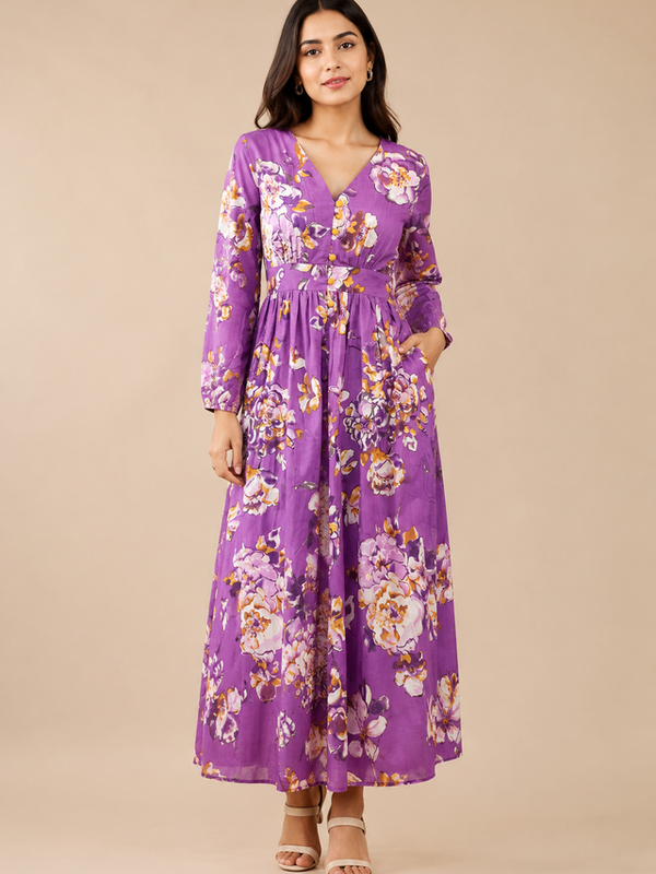 Indibelle Women's Floral Printed Cotton Maxi Dress