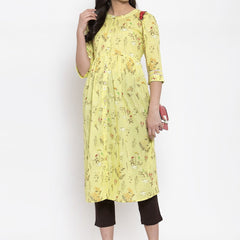 Indibelle cotton pink floral print front slit A-line kurta set