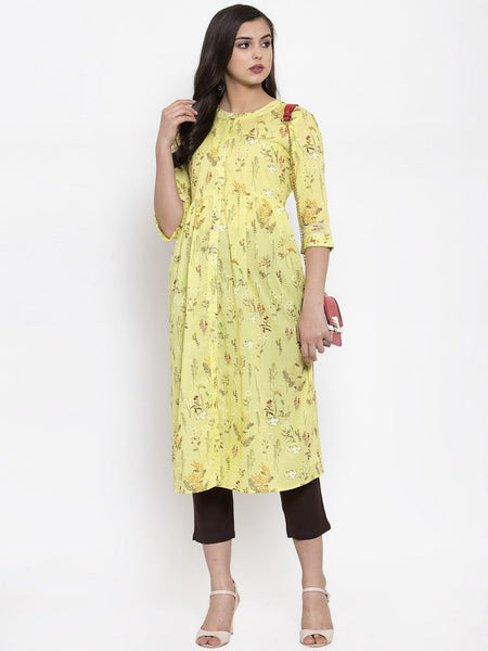 Indibelle cotton pink floral print front slit A-line kurta set