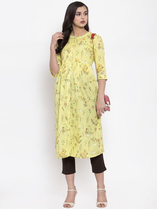 Indibelle cotton pink floral print front slit A-line kurta set