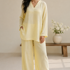 Indibelle Butter Yellow Wrinkle Rayon Relaxed-Fit Co-ord Set