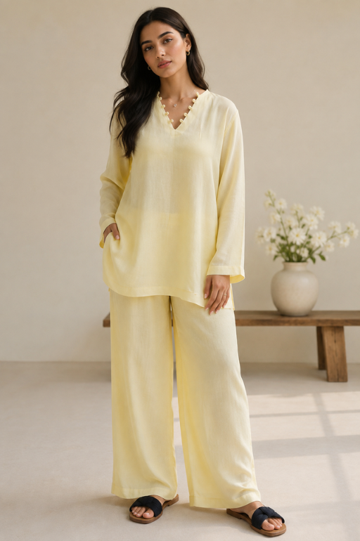 Indibelle Butter Yellow Wrinkle Rayon Relaxed-Fit Co-ord Set