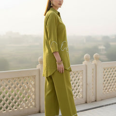 Indibelle Solid Green Cotton Slub Corded Embrodiary Co-ord Set