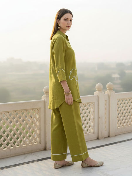 Indibelle Solid Green Cotton Slub Corded Embrodiary Co-ord Set