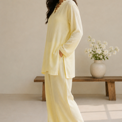 Indibelle Butter Yellow Wrinkle Rayon Relaxed-Fit Co-ord Set