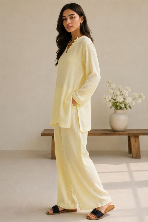 Indibelle Butter Yellow Wrinkle Rayon Relaxed-Fit Co-ord Set