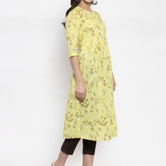 Indibelle cotton pink floral print front slit A-line kurta set