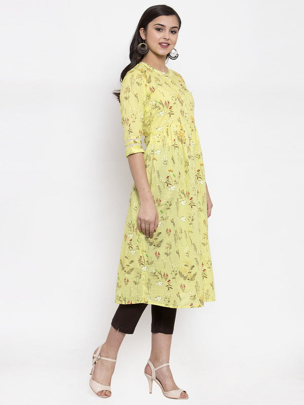 Indibelle cotton pink floral print front slit A-line kurta set