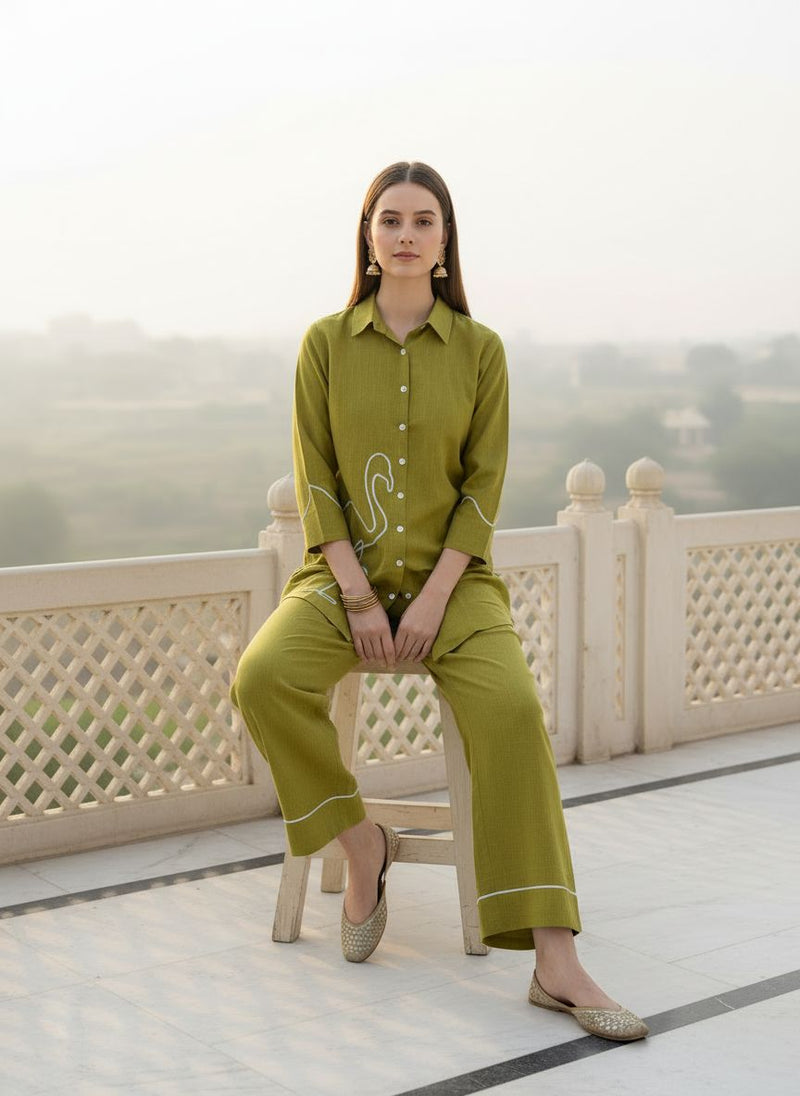 Indibelle Solid Green Cotton Slub Corded Embrodiary Co-ord Set