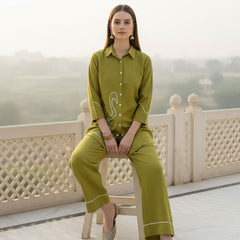 Indibelle Solid Green Cotton Slub Corded Embrodiary Co-ord Set