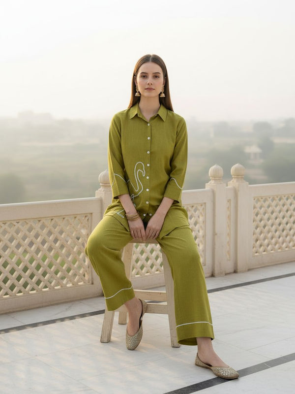 Indibelle Solid Pink Cotton Slub Corded Embrodiary Co-ord Set